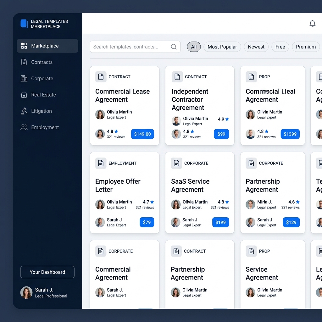 Screenshot of the Eminence.Exchange template marketplace showing a grid of legal templates with author attribution and pricing